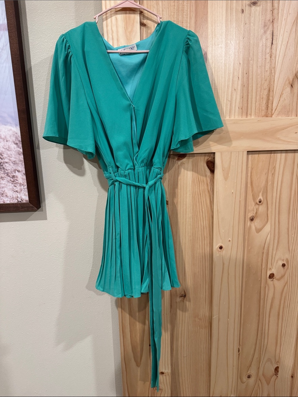 She + Sky Teal Flutter-Sleeve Pleated Wrap Romper